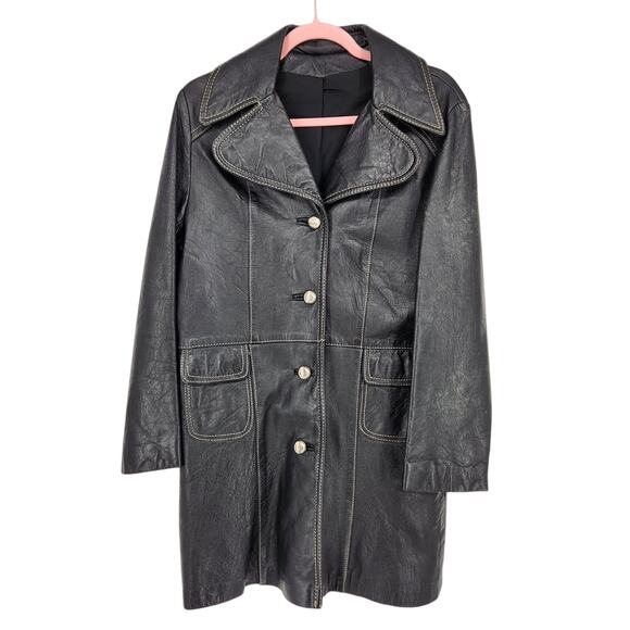 Vintage 70s Black Leather Longline Jacket Large Lapel Grunge Goth Dark Edgy